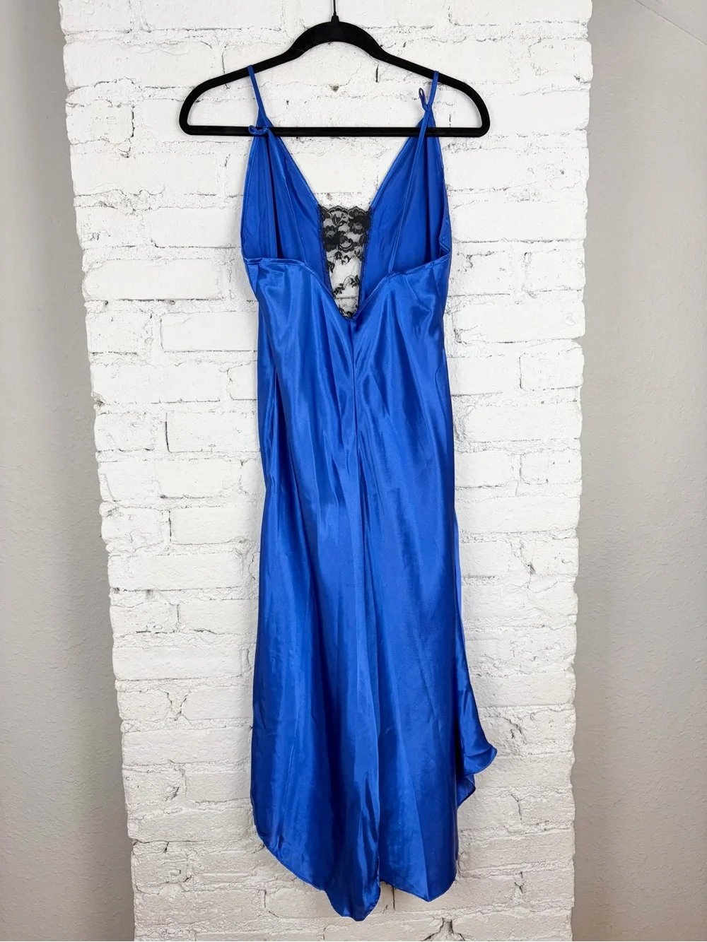 Delicates VTG Royal Blue Satin Black Lace Midi Slip Lingerie Nightie Dress Large - Picture 10 of 10